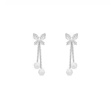 芒果饰品 超仙闪锆蝴蝶珍珠流苏#好运 铜合金 耳环 女款