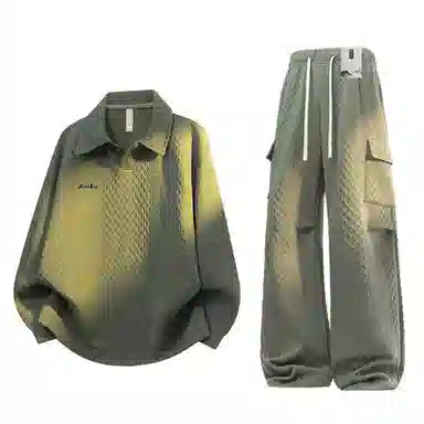 【免搭配一套显高显瘦】布客行 美式复古麻花肌理感简约高级轻奢老钱翻领长袖卫衣可拆卸别针工装弯刀直筒春秋百搭舒适休闲套装 男女同款