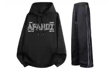 阿凡迪 美式复古街头简约基础仿牛仔布设计字母潮牌印花宽松舒适百搭时尚潮流通勤连帽长袖卫衣中腰防风防水直筒裤休闲运动套装 男女同款