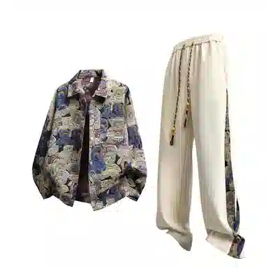 【小熊万针浮雕刺绣免搭配】布客行 美式复古高街潮牌宽松舒适时尚百搭重磅卫裤青少年痞帅翻领开衫牛仔长袖外套休闲运动套装 男女同款