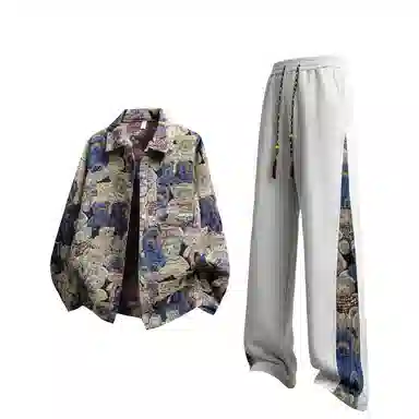 【小熊万针浮雕刺绣免搭配】布客行 美式复古高街潮牌宽松舒适时尚百搭重磅卫裤青少年痞帅翻领开衫牛仔长袖外套休闲运动套装 男女同款