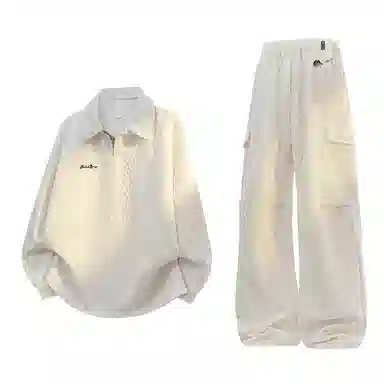 【免搭配一套显高显瘦】布客行 美式复古麻花肌理感简约高级轻奢老钱翻领长袖卫衣可拆卸别针工装弯刀直筒春秋百搭舒适休闲套装 男女同款