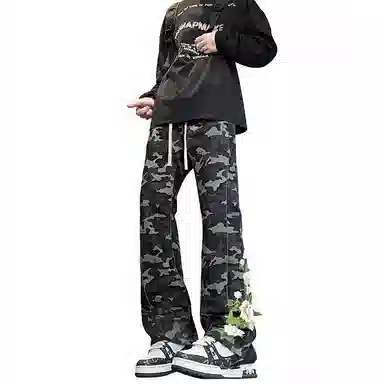 【万针刺绣立体浮雕系列】布客行 工装迷彩拼接微喇显高显瘦重工美式复古直筒花卉高街百搭松紧腰抽绳长裤运动户外休闲牛仔裤 男女同款