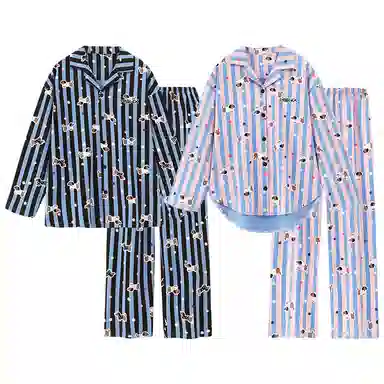 静英鸾 秋季翻领条纹腊肠狗甜美风休闲舒适可外穿家居服睡衣套装 男女同款