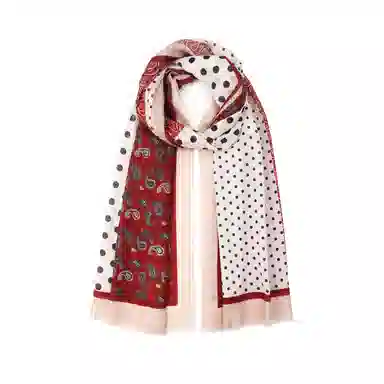 莎莎 佩斯利腰果花波点拼色精纺高支数长巾 时尚百搭文艺复古风优雅大气加大保暖舒适 绵羊毛 绒线围巾 女款