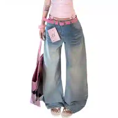 轻迎 美式复古做旧纹路时尚百搭阔腿宽松显瘦直筒弯刀拖地牛仔裤 女款