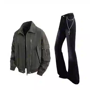 【免搭配夹克灰牛一套】布客行 拼接解构底特律机能废土风复古港风硬挺飞行员教练服弯刀水洗做旧微喇牛仔长裤子休闲运动套装 男女同款