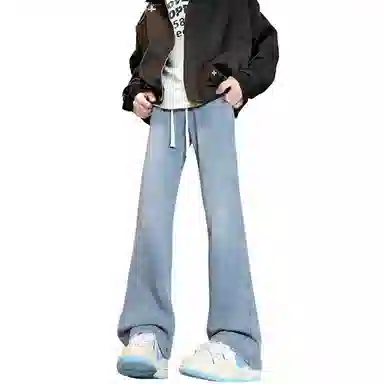 【巴黎柳叶弯刀裤】布客行 美式复古水洗直筒基础款高街舒适亲肤透气休闲百搭微喇纯色长裤显高显瘦显腿长弹力抽绳松紧腰牛仔裤 男女同款