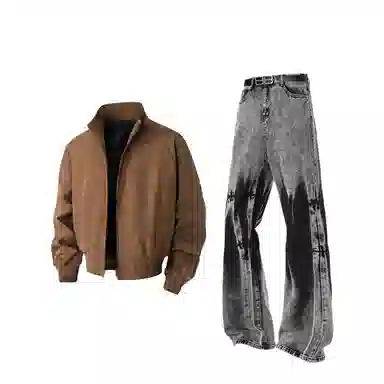 【高街机车风免搭配一套】布客行 美式飞行员教练服老钱工装夹克外套防风防泼水废土风扎染做旧弯刀直筒舒适牛仔长裤子休闲套装 男女同款