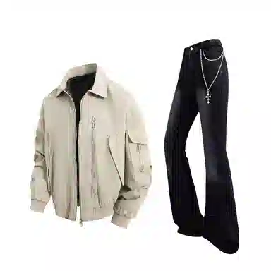 【免搭配夹克灰牛一套】布客行 拼接解构底特律机能废土风复古港风硬挺飞行员教练服弯刀水洗做旧微喇牛仔长裤子休闲运动套装 男女同款