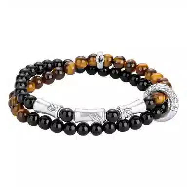 【节节高|999足银】 银千惠 新中式竹节圆环双层叠色手饰步步高升国风国潮高级感层次设计竹子心想事成事业高升学业进步 黑曜石 手串 男款