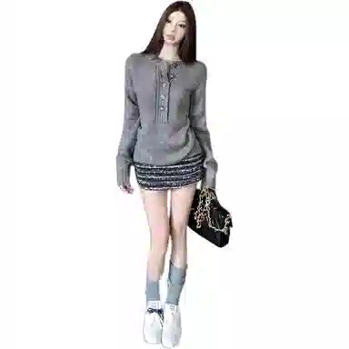 轻迎 韩系复古半开领长袖纯色慵懒风宽松百搭上衣针织衫 女款