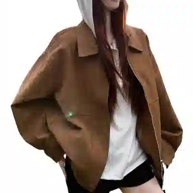 兰缪 美拉德复古麂皮绒高级感雪花巴恩风皮秋季宽松翻领休闲机车外套夹克 女款