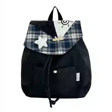 單倉 高颜值星星格子学院风设计日常通勤百搭背包初高中学生大容量休闲简约书包 帆布 双肩包 常规 男女同款情侣款 灰色/黑色