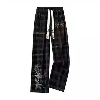 阿凡迪 美式重磅扎染格纹手绘字母系带抽绳裤子高街复古户外运动裤日常通勤百搭格子长裤宽松柔软垂感舒适阔腿休闲裤 男女同款