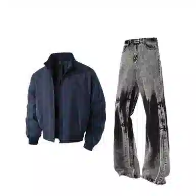 【高街机车风免搭配一套】布客行 美式飞行员教练服老钱工装夹克外套防风防泼水废土风扎染做旧弯刀直筒舒适牛仔长裤子休闲套装 男女同款
