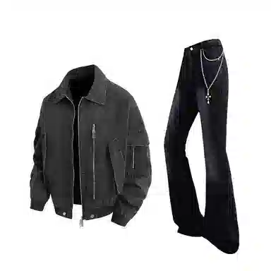 【免搭配夹克灰牛一套】布客行 拼接解构底特律机能废土风复古港风硬挺飞行员教练服弯刀水洗做旧微喇牛仔长裤子休闲运动套装 男女同款