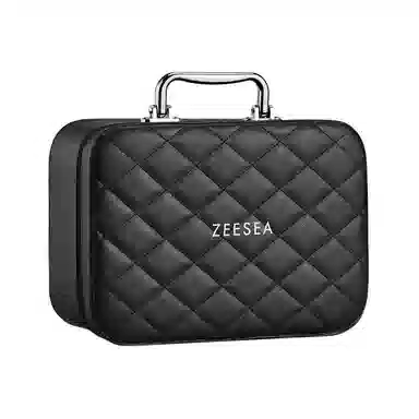 滋色黑色菱形格纹大容量手提款化妆包化妆箱 便携 高级感美妆收纳盒拉链带镜子