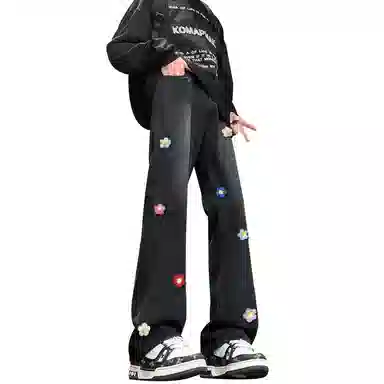 【3D立体线绒刺绣】布客行 修身显腿长显高显瘦美式高街纯色微喇复古弯刀水洗透气舒适亲肤百搭阔腿直筒休闲长裤文艺风牛仔裤 男女同款