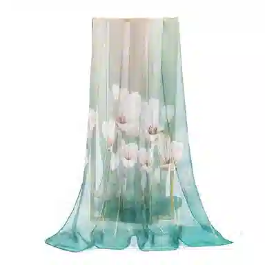 一米画纱 清新飘逸国风真丝雪纺喷绘沙巾气质仙仙花卉印花旅游拍照 桑蚕丝 丝巾 女款