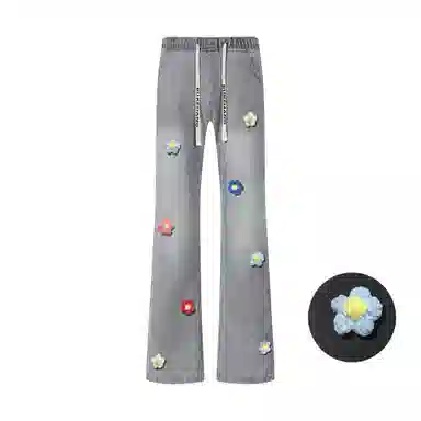 【3D立体线绒刺绣】布客行 美式高街显腿长显高显瘦修身纯色微喇复古弯刀水洗弹力松紧腰抽绳透气百搭阔腿直筒休闲长裤牛仔裤 男女同款