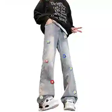 【3D立体线绒刺绣】布客行 修身显腿长显高显瘦美式高街纯色微喇复古弯刀水洗透气舒适亲肤百搭阔腿直筒休闲长裤文艺风牛仔裤 男女同款