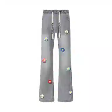 【3D立体线绒刺绣】布客行 美式高街显腿长显高显瘦修身纯色微喇复古弯刀水洗弹力松紧腰抽绳透气百搭阔腿直筒休闲长裤牛仔裤 男女同款