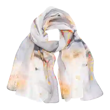 一米画纱 清新飘逸国风真丝雪纺喷绘沙巾气质仙仙花卉印花旅游拍照 桑蚕丝 丝巾 女款