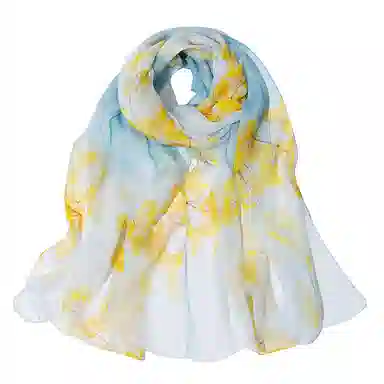 一米画纱 清新飘逸国风真丝雪纺喷绘沙巾气质仙仙花卉印花旅游拍照 桑蚕丝 丝巾 女款