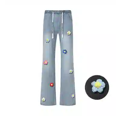 【3D立体线绒刺绣】布客行 美式高街显腿长显高显瘦修身纯色微喇复古弯刀水洗弹力松紧腰抽绳透气百搭阔腿直筒休闲长裤牛仔裤 男女同款