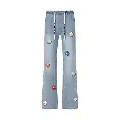 【3D立体线绒刺绣】布客行 美式高街显腿长显高显瘦修身纯色微喇复古弯刀水洗弹力松紧腰抽绳透气百搭阔腿直筒休闲长裤牛仔裤 男女同款