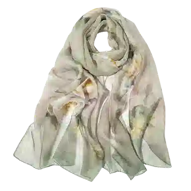 一米画纱 清新飘逸国风真丝雪纺喷绘沙巾气质仙仙花卉印花旅游拍照 桑蚕丝 丝巾 女款