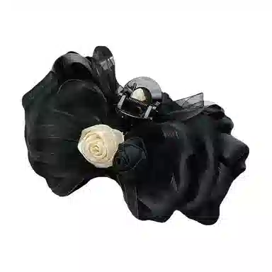 彤彤兔 玫瑰大号蝴蝶结飘带法式盘发鲨鱼夹后脑勺发卡头饰#好运 布艺 发夹 女款