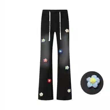 【3D立体线绒刺绣】布客行 美式高街显腿长显高显瘦修身纯色微喇复古弯刀水洗弹力松紧腰抽绳透气百搭阔腿直筒休闲长裤牛仔裤 男女同款