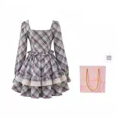 棉购 甜美小个子复古格纹蕾丝蝴蝶结绑带收腰方口领蓬蓬公主裙长袖连衣裙 女款