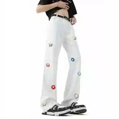 【3D立体线绒刺绣】布客行 修身显腿长显高显瘦美式高街纯色微喇复古弯刀水洗透气舒适亲肤百搭阔腿直筒休闲长裤文艺风牛仔裤 男女同款