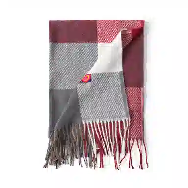 红豆 拼色时尚简约条纹格子保暖流苏 聚酯纤维 绒线围巾 男女同款情侣款