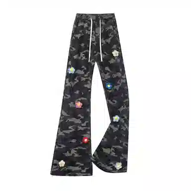 【3D立体花卉刺绣】布客行 美式高街显高显瘦修身迷彩重工斜切拼接微喇复古水洗休闲直筒透气弹力松紧腰抽绳百搭阔腿长裤牛仔裤 男女同款