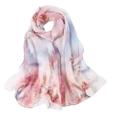 一米画纱 清新飘逸国风真丝雪纺喷绘沙巾气质仙仙花卉印花旅游拍照 桑蚕丝 丝巾 女款