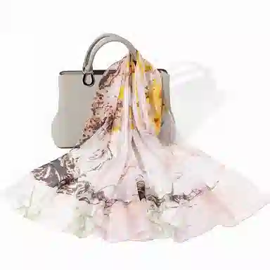 一米画纱 清新飘逸国风真丝雪纺喷绘沙巾气质仙仙花卉印花旅游拍照 桑蚕丝 丝巾 女款