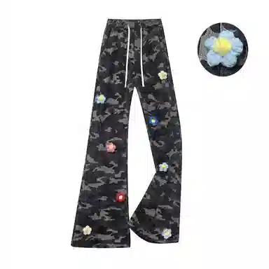 【3D立体花卉刺绣】布客行 美式高街显高显瘦修身迷彩重工斜切拼接微喇复古水洗休闲直筒透气弹力松紧腰抽绳百搭阔腿长裤牛仔裤 男女同款