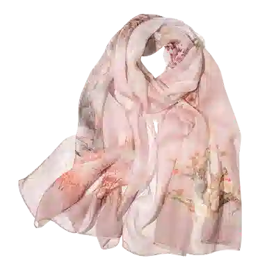 一米画纱 清新飘逸国风真丝雪纺喷绘沙巾气质仙仙花卉印花旅游拍照 桑蚕丝 丝巾 女款