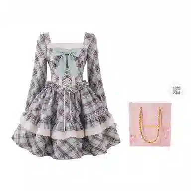 棉购 甜美小个子复古格纹蕾丝蝴蝶结绑带收腰方口领蓬蓬公主裙长袖连衣裙 女款