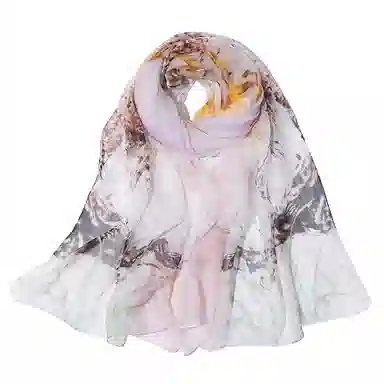 一米画纱 清新飘逸国风真丝雪纺喷绘沙巾气质仙仙花卉印花旅游拍照 桑蚕丝 丝巾 女款