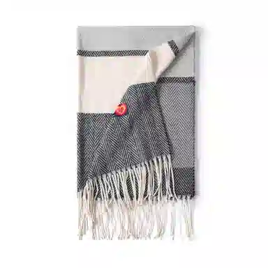 红豆 拼色人字纹流苏时尚百搭保暖披肩 围脖 聚酯纤维 绒线围巾 男女同款情侣款