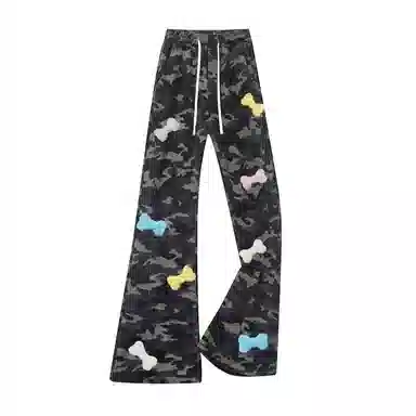 【3D立体彩骨刺绣】布客行 美式高街显腿长显高显瘦迷彩重工斜切拼接微喇复古水洗弹力松紧腰抽绳直筒牛仔裤百搭阔腿长裤休闲裤 男女同款