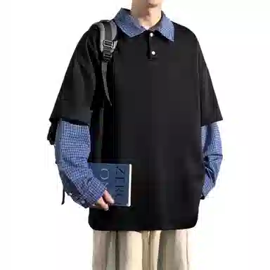 洋气先生 美式复古简约假两件拼接格纹设计感翻领宽松休闲日常百搭学院风长袖韩版高街潮牌时尚亨利领纯色文艺风户外卫衣 男女同款