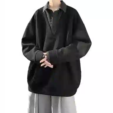 洋气先生 美式复古高街简约纯色潮流针织翻领拼接撞色单排扣落肩袖日常休闲舒适学院风假两件宽松百搭时尚无性别主义个性通勤卫衣 男女同款