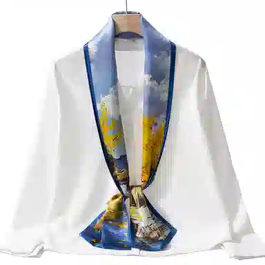 一米画纱 时尚百搭真丝双层喷绘飘带优雅气质长条领巾轻盈装饰 桑蚕丝 丝巾 女款