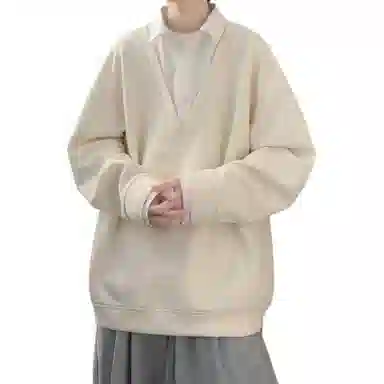 洋气先生 美式复古高街简约纯色潮流针织翻领拼接撞色单排扣落肩袖日常休闲舒适学院风假两件宽松百搭时尚无性别主义个性通勤卫衣 男女同款